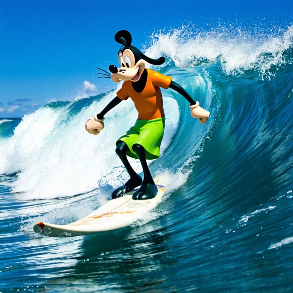 AI generated: Goofy on a surfboard on a wave
