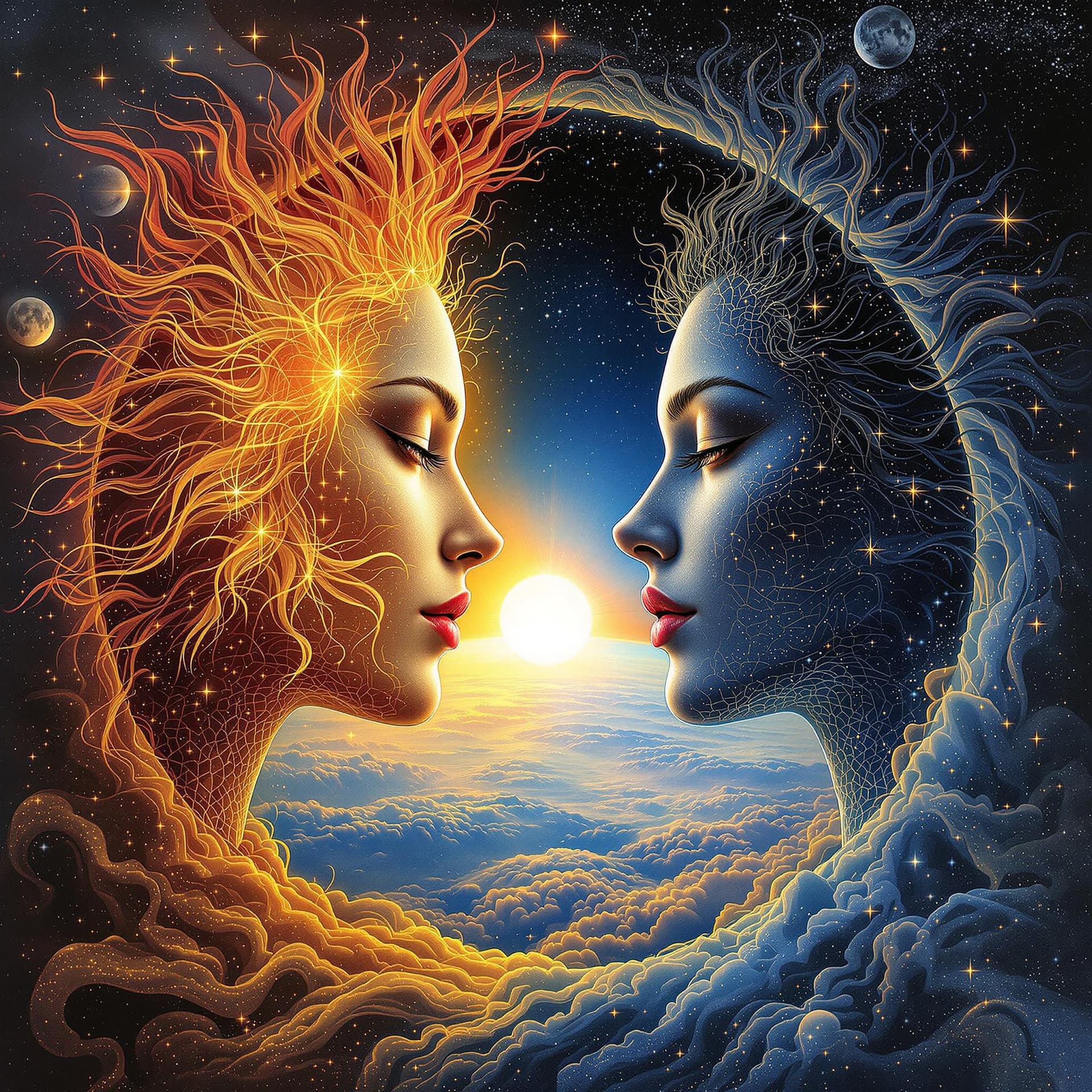 AI generated:  Highly detailed, realistic, Psychedelic, incredible surrealism, yin (male), and yang ( female), moo...