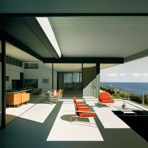 AI generated: Hyper realistic eye level exterior photo of a mid century modern style house overlooking the ocean, ...