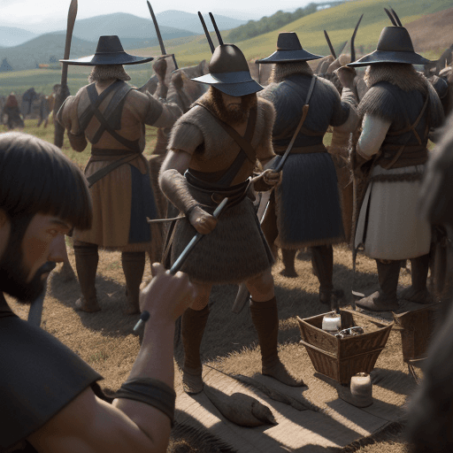 AI generated: "Quick cuts of battle preparation - warriors sharpening spears, Magellan's men readying weapons, vil...