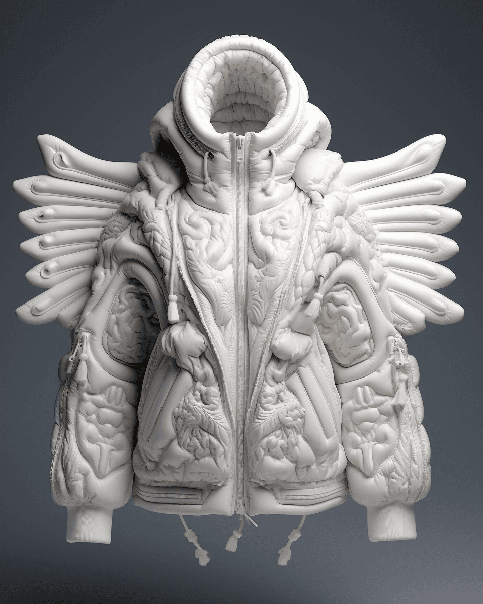 AI generated: milky adidas winter puffer jacket, design trend, design by kanye west, on a white background, octane...