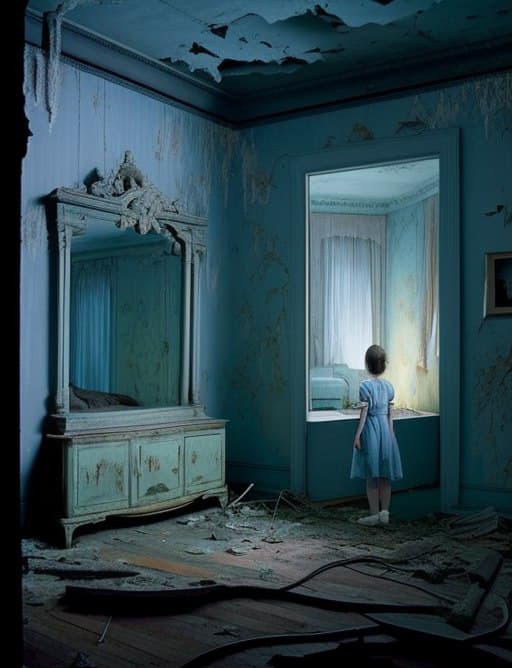 AI generated: photography by tim walker liminal abandoned room, film still by gregory crewdson, limited color pale...