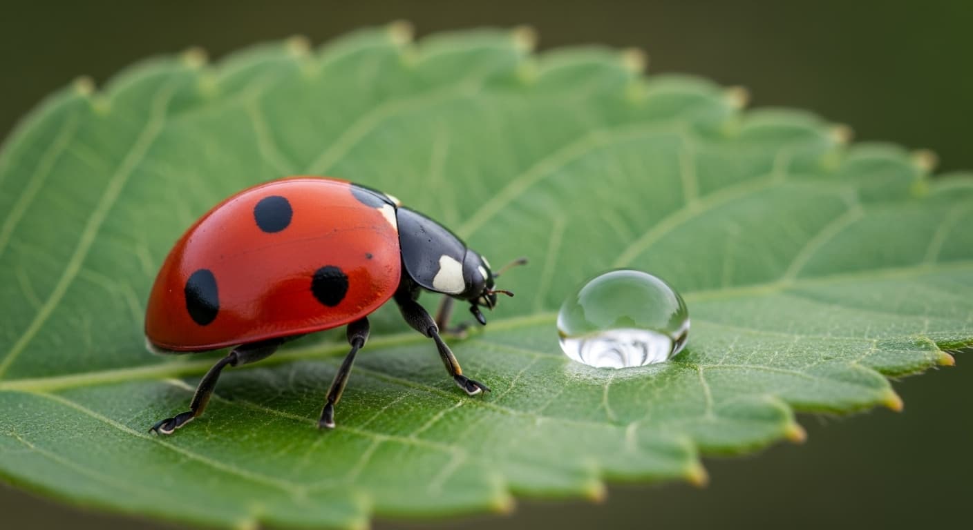 AI generated: a water drop on a leave and lady bug