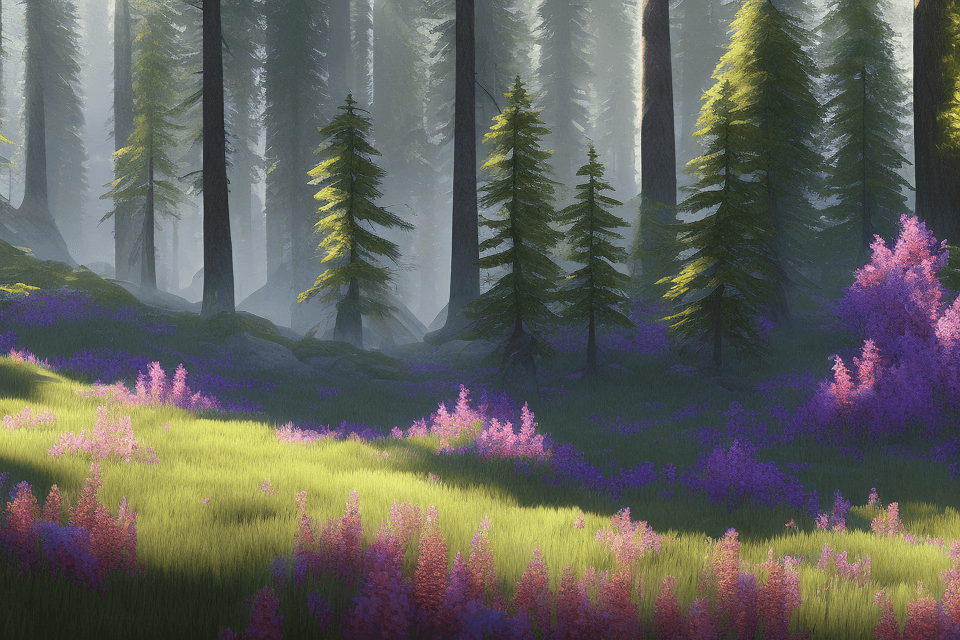 AI generated: pacific northwest, forest, wildflowers, unreal engine, watercolor, epic dreamlike fantasy landscape,...
