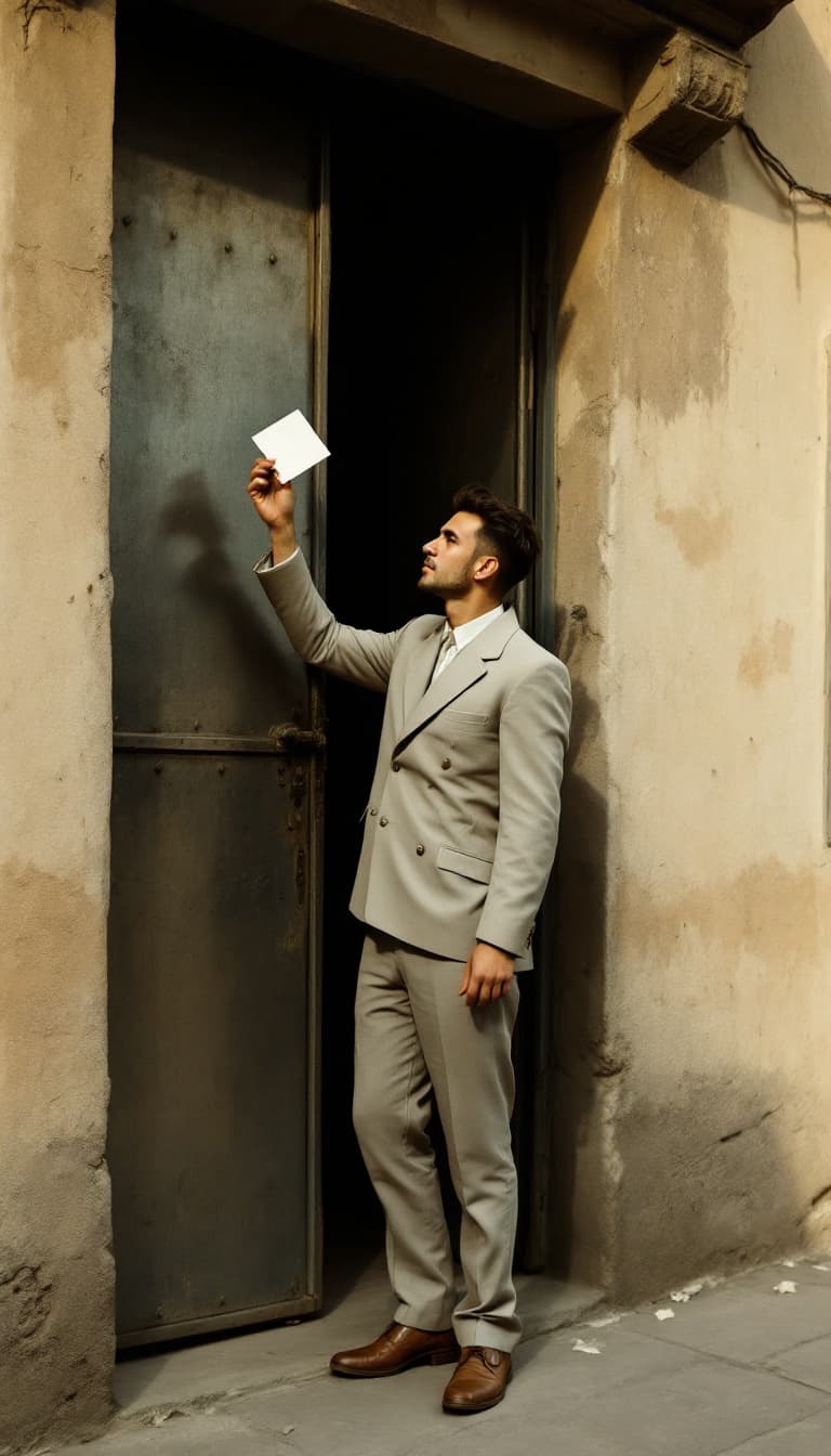 AI generated: 
"A young man from the 1950s standing outside an old Iranian house with traditional metal doors. The...