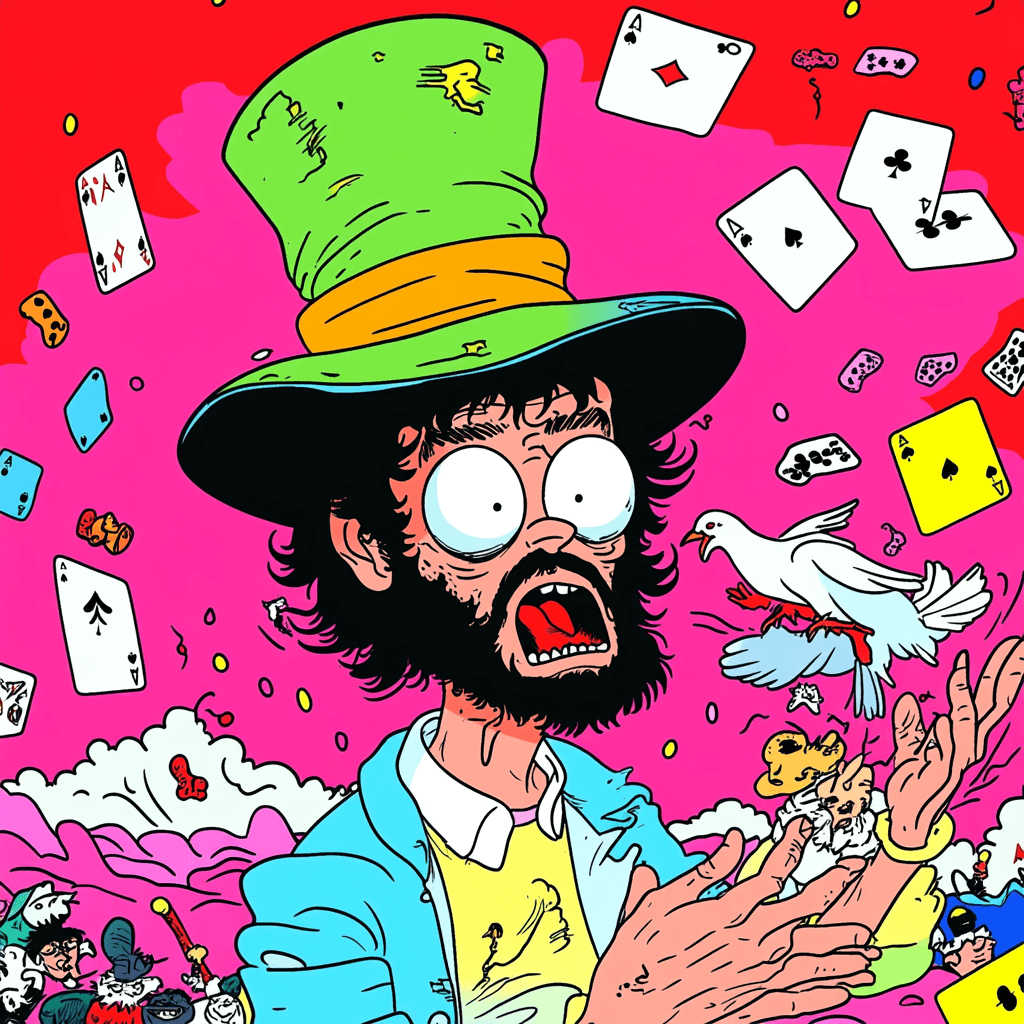 AI generated: Cartoon illustration of a hapless magician pulling an angry rabbit out of his hat; surrounded by flo...
