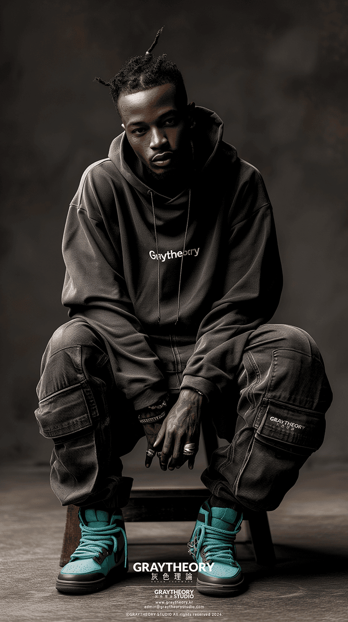 AI generated: capturing a model, man wearing basic hoodie, matte black, dark grey cargo jogger pant, skate shoes, ...