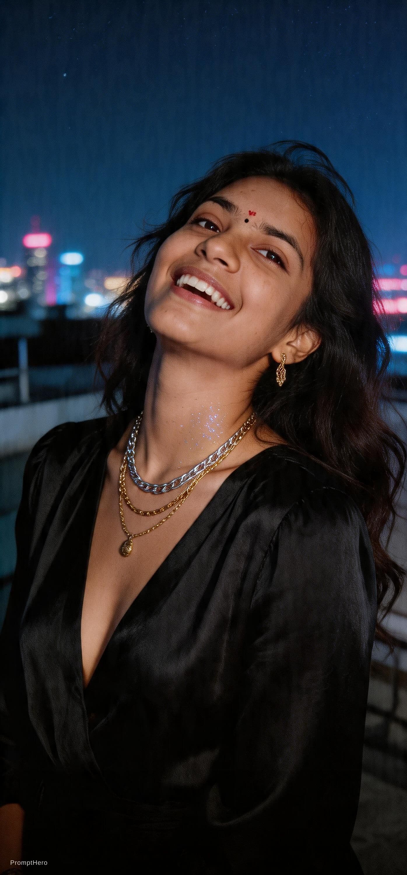 AI generated: A grainy, high-ISO rooftop documentary scene captures a tall, statuesque woman with long, dark, wind...
