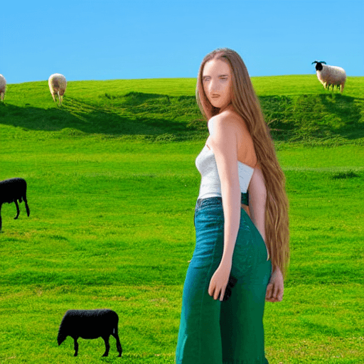 AI generated: MOdel in green pasture with blue sky and herds of sheep behind her
