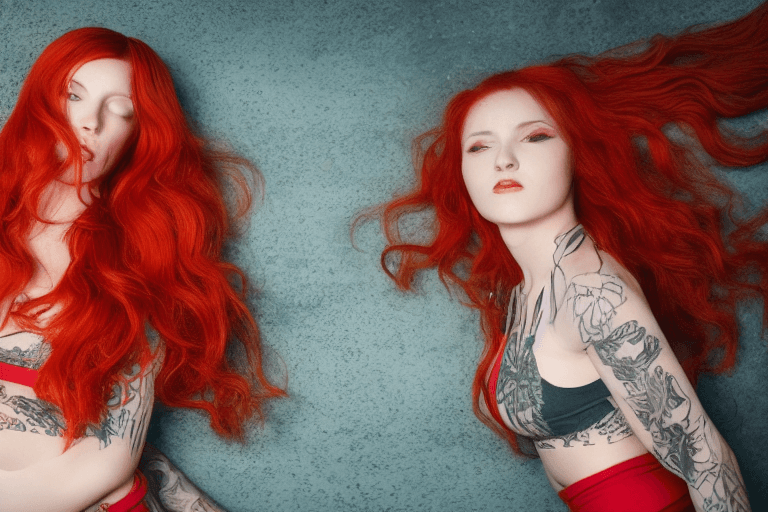 AI generated: Photo of a cute tattooed lady with long wavy fiery red hair, wearing a cropped top sexy outfit, brig...