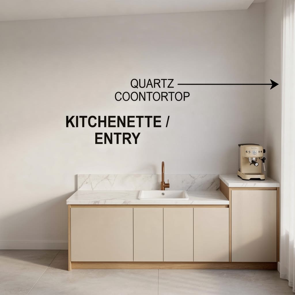 AI generated: modern kitchen, sleek eggshell light beige finishes, with a beige and wood, white marble, EF 24mm f/...
