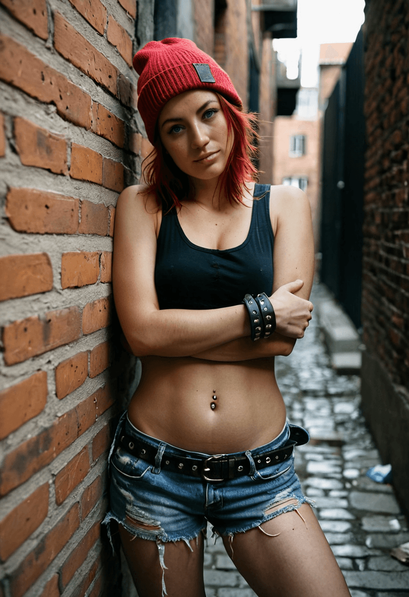 AI generated: ultra-photorealistic, amateur-style full-body shot of a gritty young woman in a dark, urban alleyway...