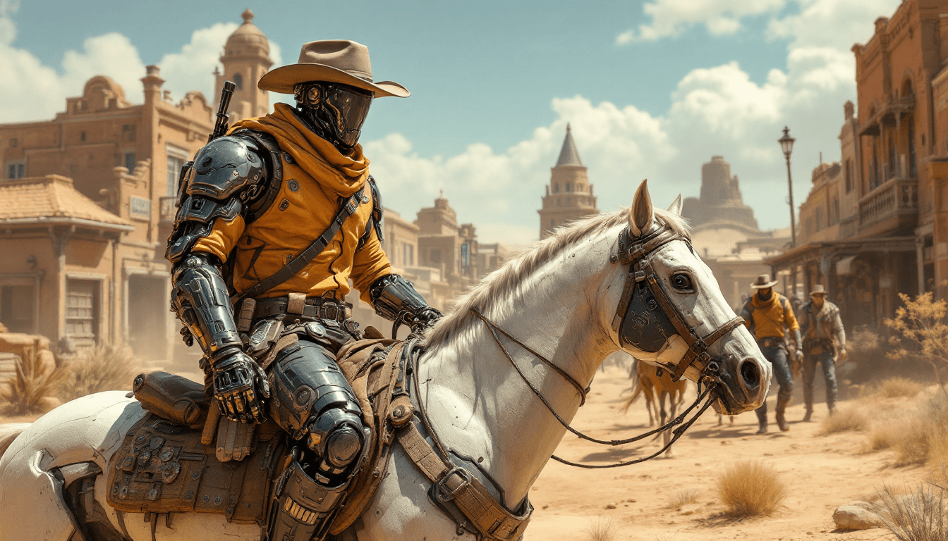 AI generated: A cyber-enhanced cowboy in the 'Cybernetic Wild West', with robotic limbs and high-tech gear, riding...