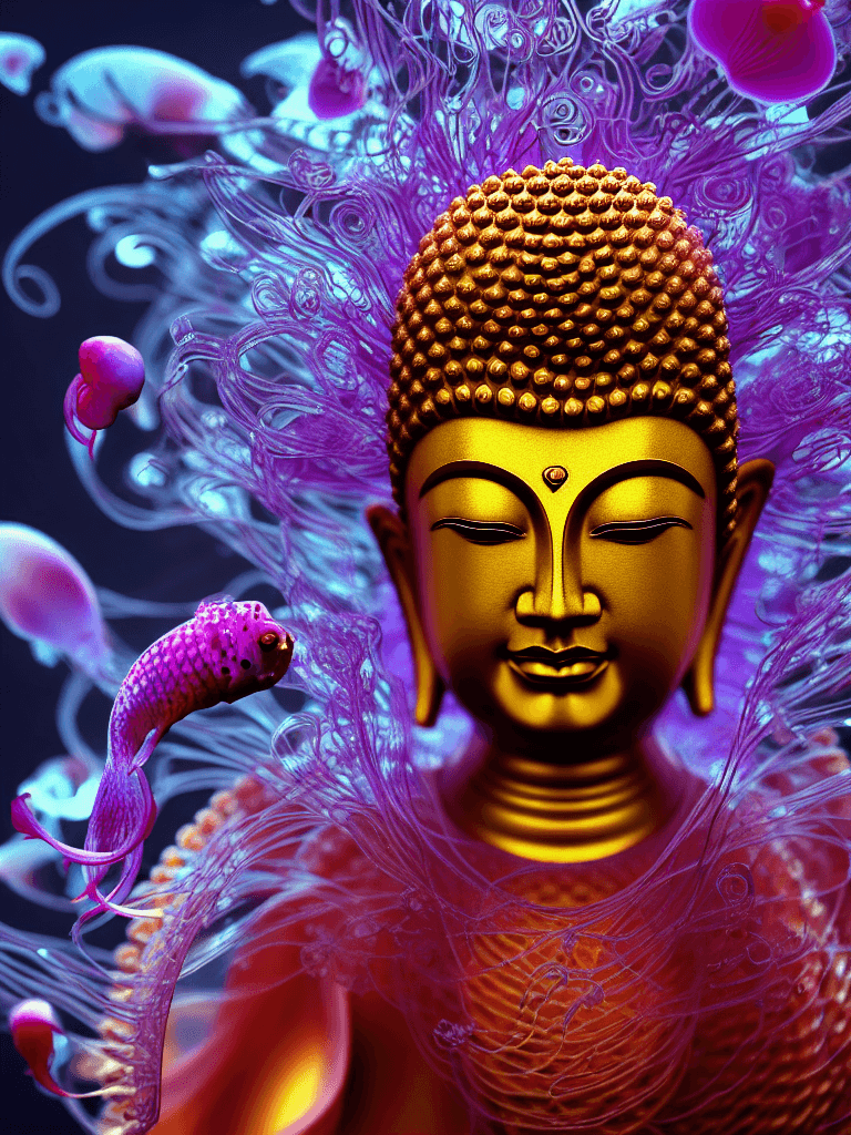 AI generated: Buddha close-up portrait ribcagel. jellyfish phoenix head, nautilus, orchid,  betta fish, bioluminis...
