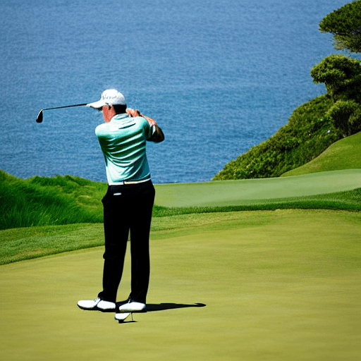 AI generated: "A seasoned golfer stands poised on a verdant cliffside golf course, at the edge of a tumultuous sea...