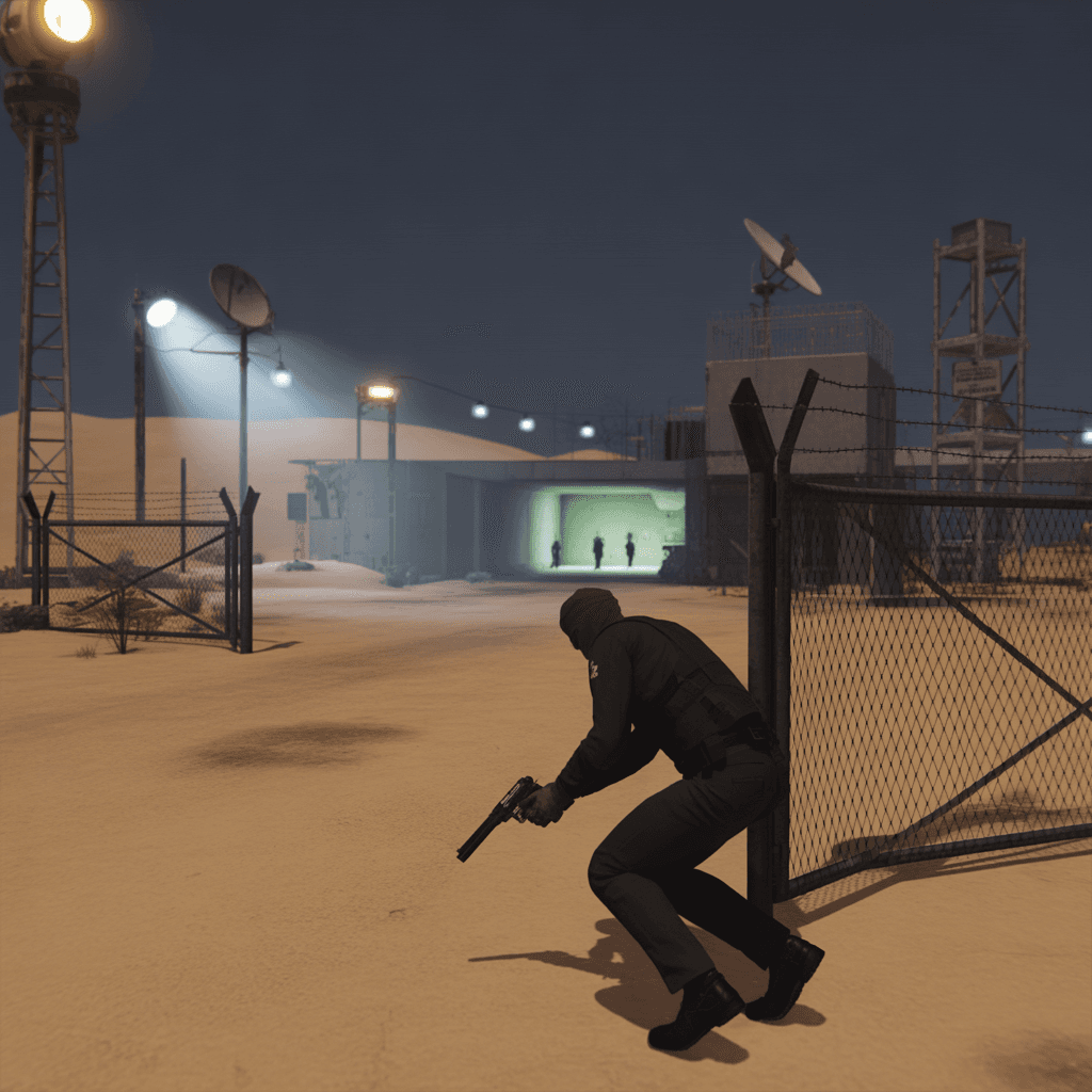 AI generated: A hyper-realistic scene of CJ infiltrating Area 69 at night, deep in the desert of Bone County from ...