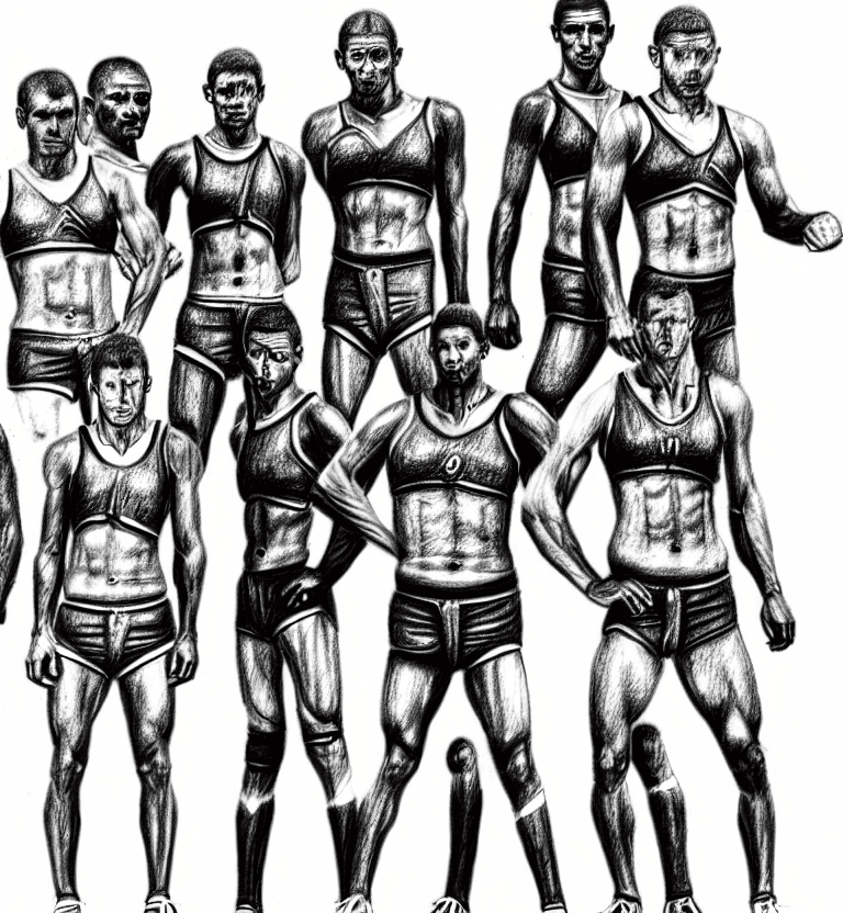 AI generated: Ancient athletes team, pencil drawing, very badly designed, drawing made by a madman, iconcluente de...