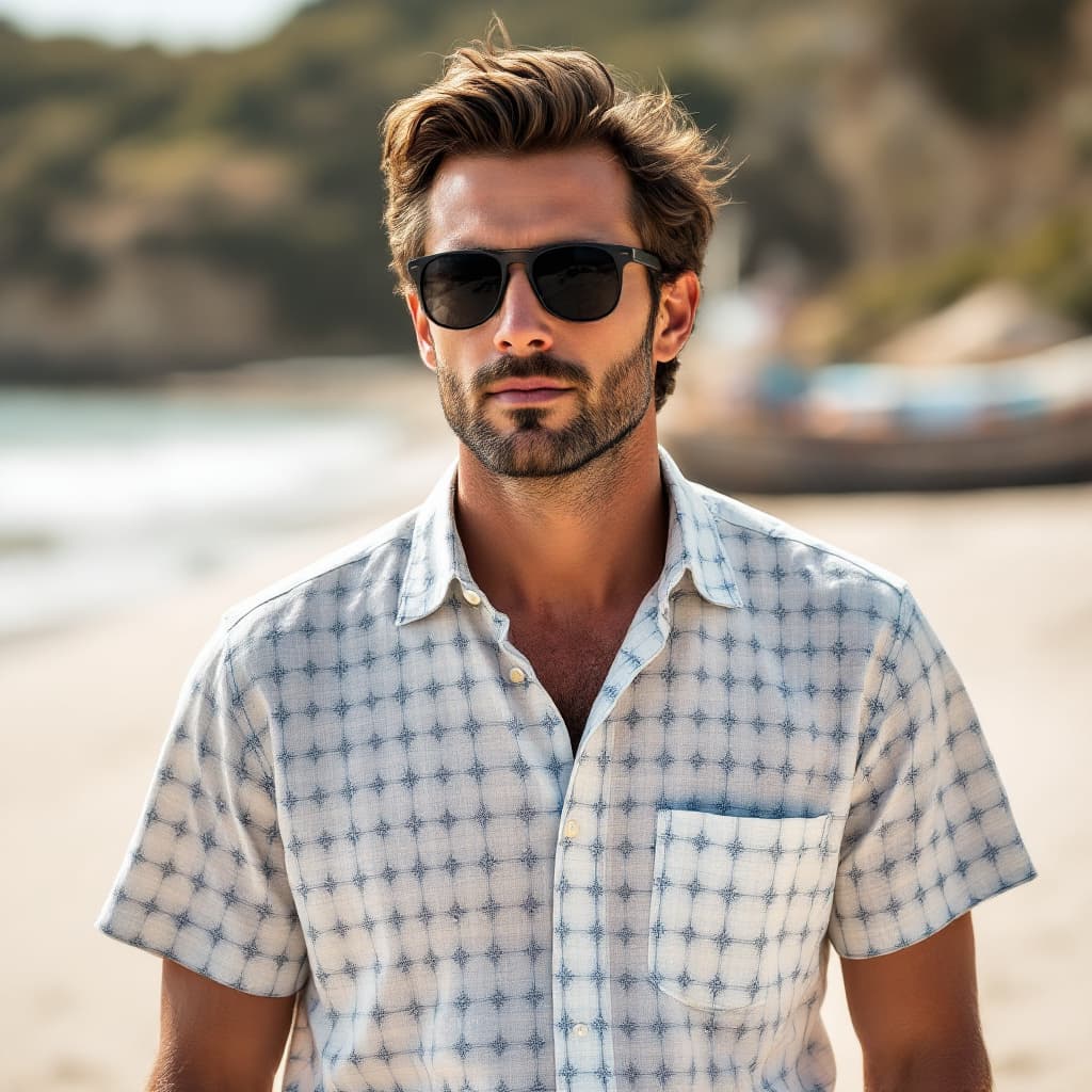 AI generated: high-resolution photo of A 37 man with a sunglasses wearing a crisp, light-colored linen shirt in a ...