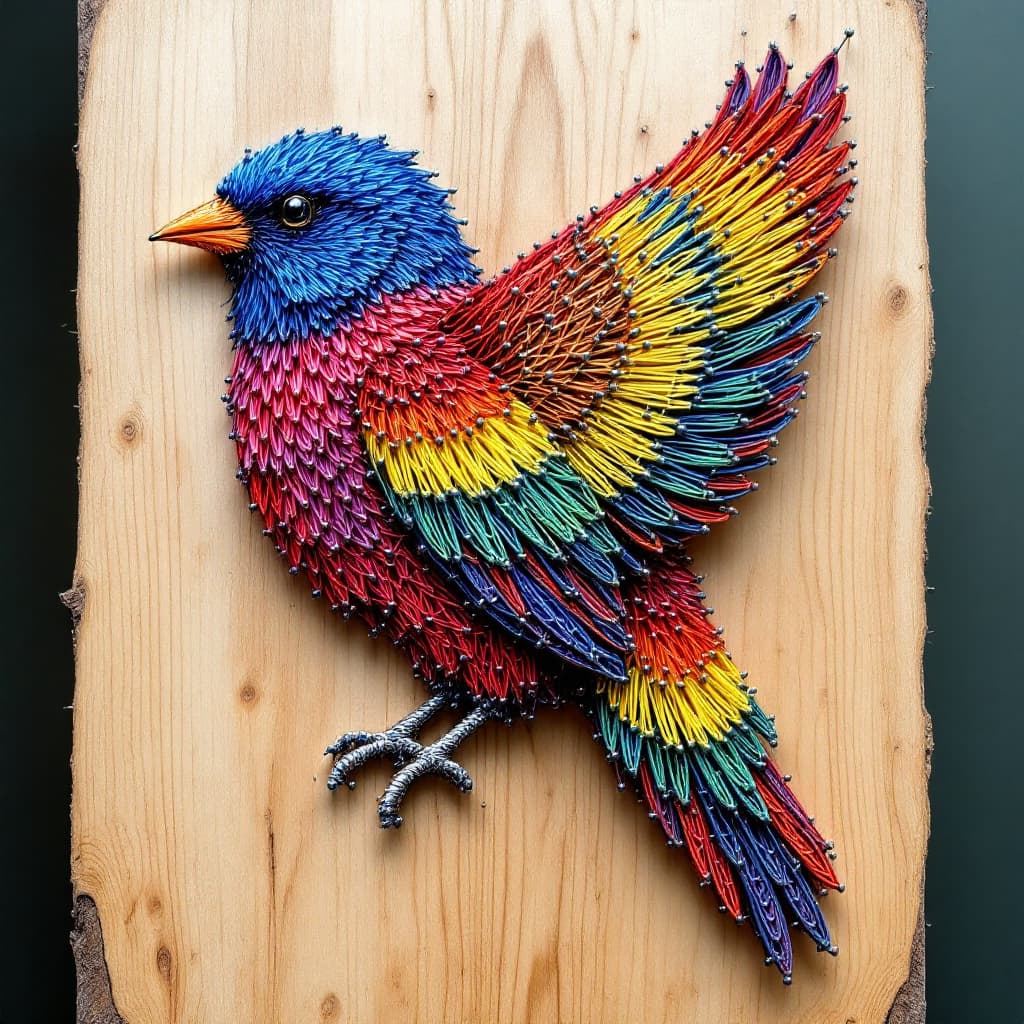 AI generated: A stunning piece of string art depicting a beautiful bird, made entirely of colorful threads. The bi...