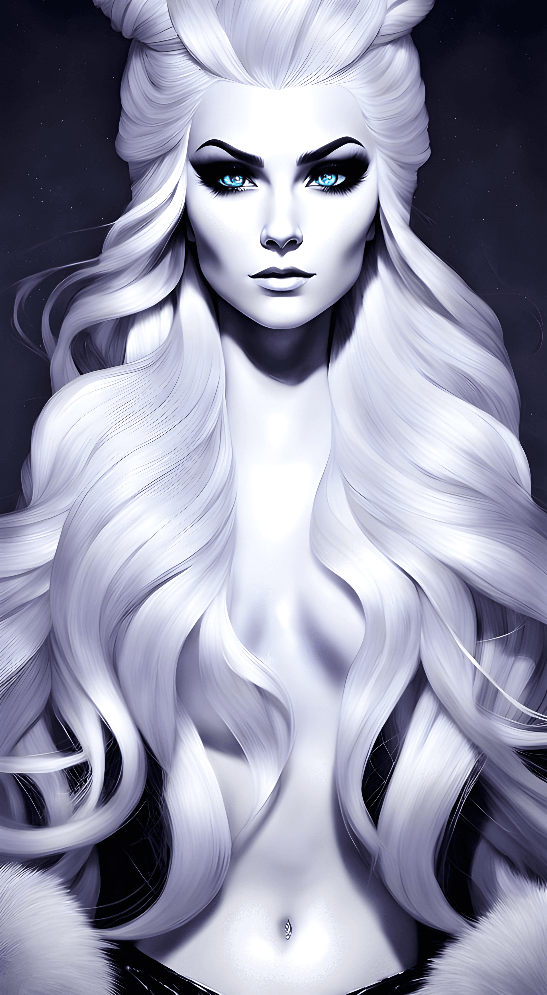 AI generated: A portrait of a beautiful Villain Snow Queen, perfect body, long white hair, frost reflecting off fa...
