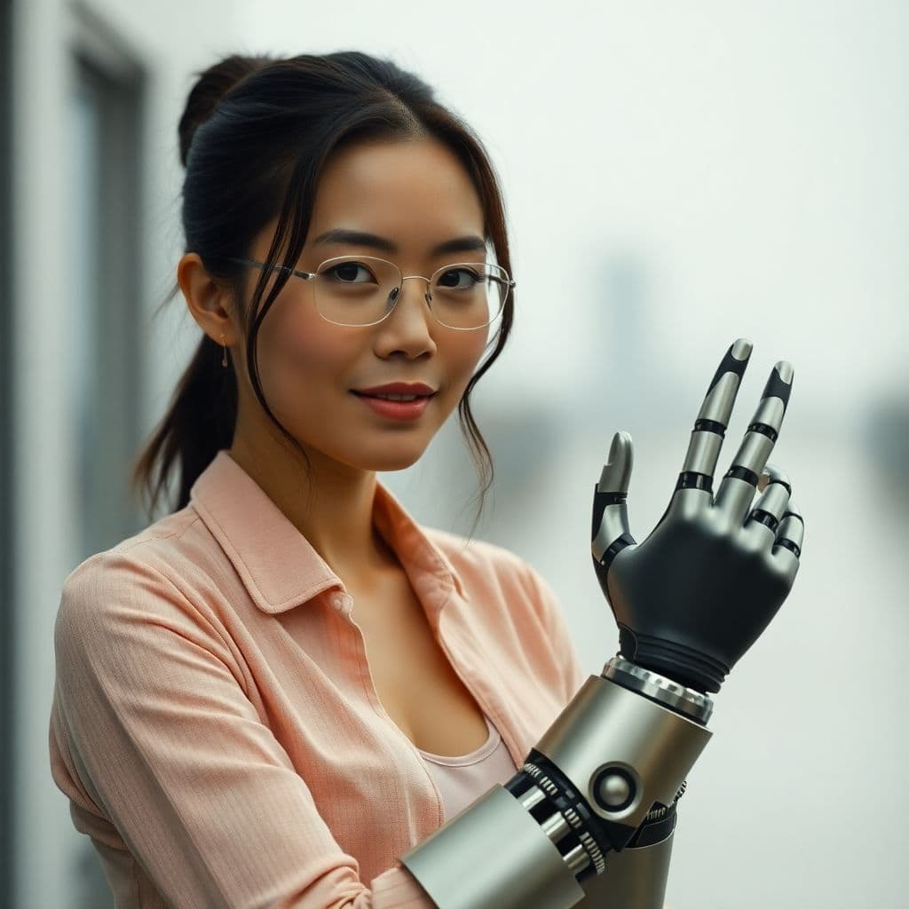 AI generated: asian woman has her arm replaced wit a mechanical one after losing it during the war against the mac...