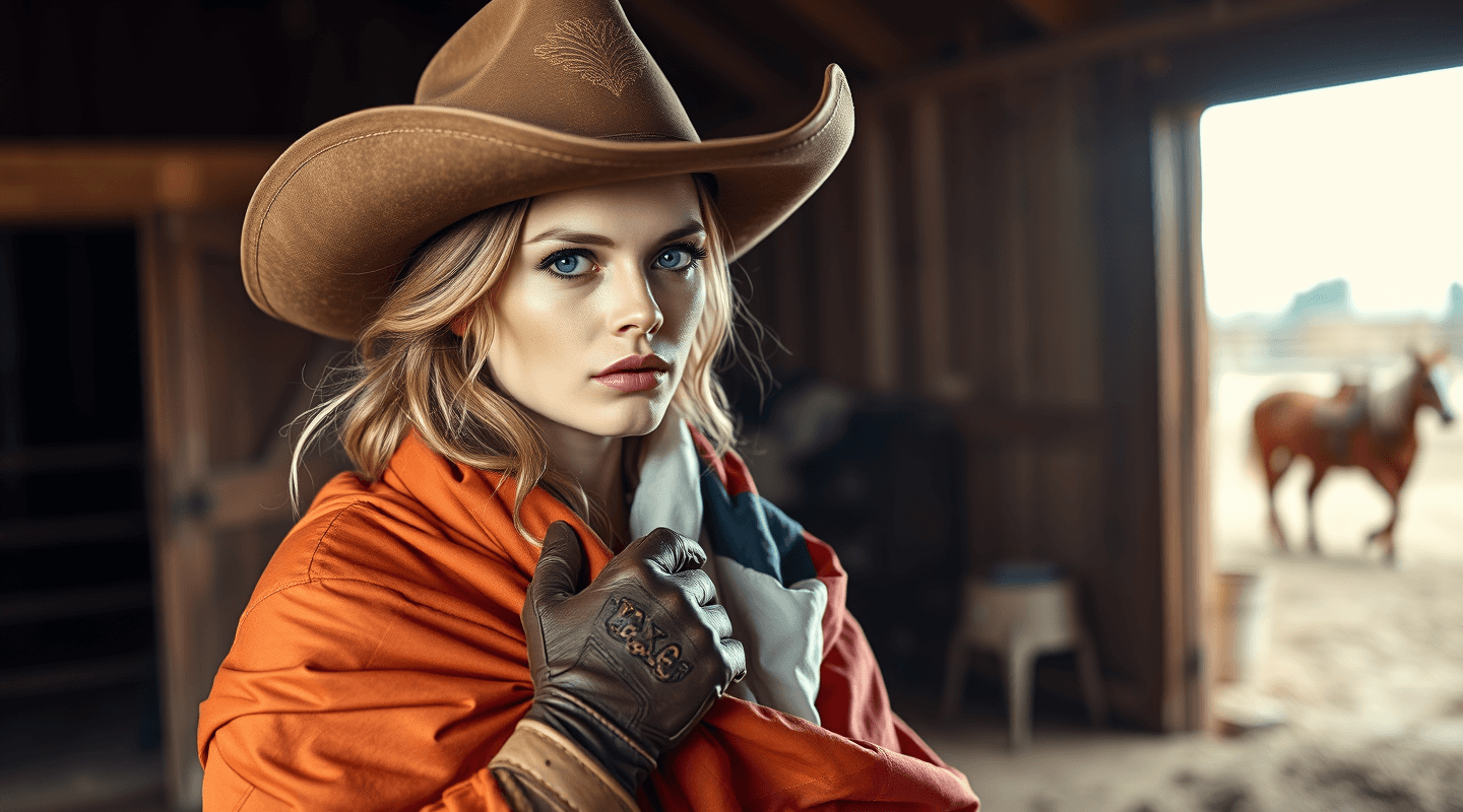 AI generated: DSLR photo of Samara Weaving as a bull rider, wearing authentic wornout brown leather hat, challengi...