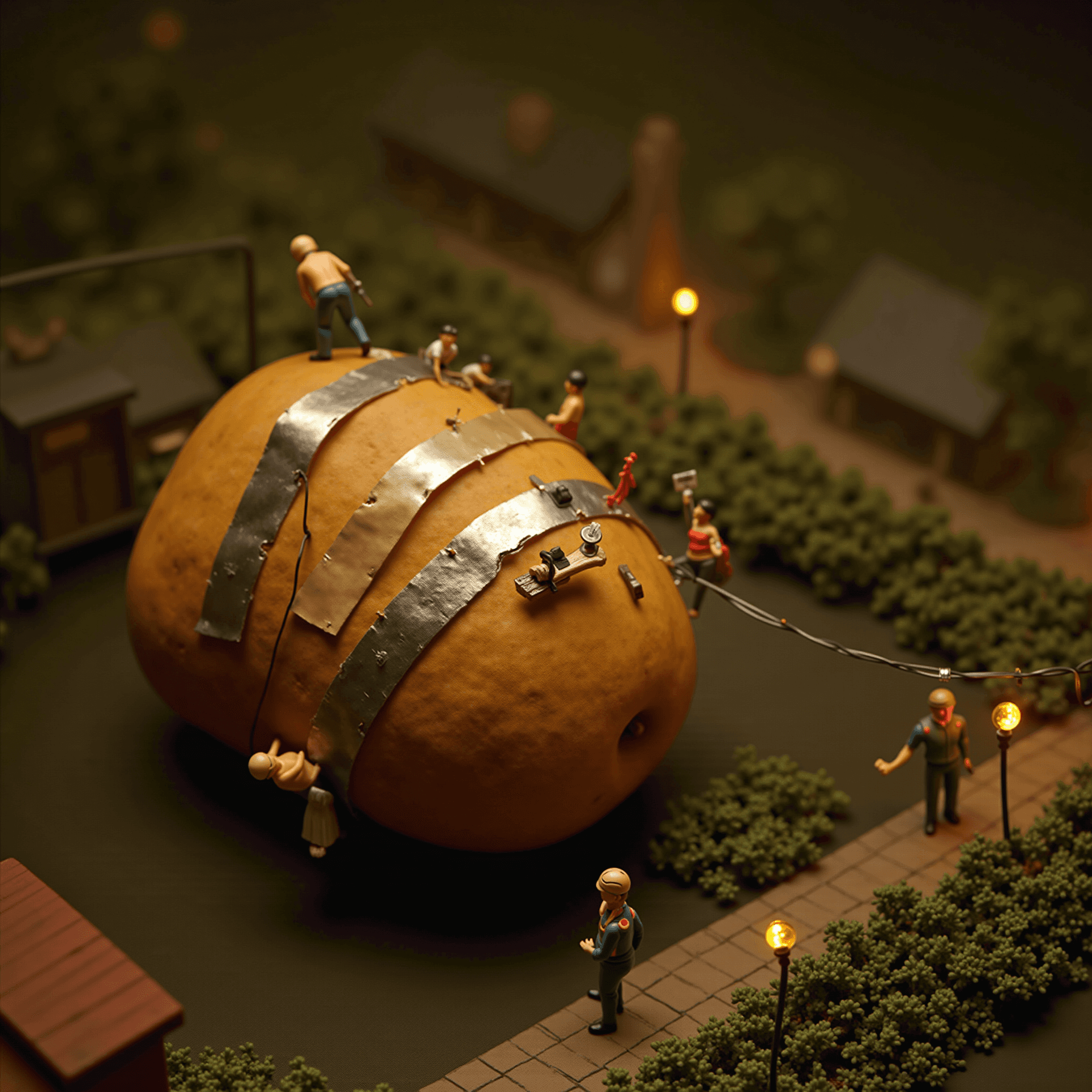 AI generated: Diorama-style detailed scene showing a potato battery powering a miniature world, tended by tiny peo...