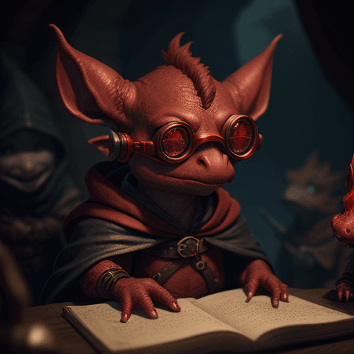 AI generated: cinematic lighting, 4k, focused, Dungeons and Dragons, A red Kobold, Small, goggles, cloak