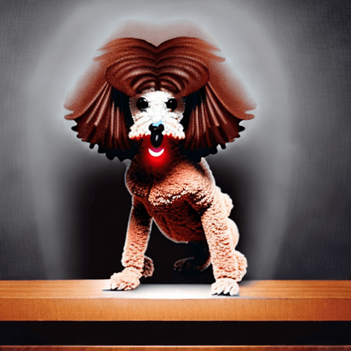 AI generated: It is Halloween night. A brown female poodle is waiting her owners standing on a wooden table close ...
