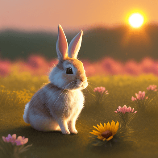 AI generated: create a picture of a little rabbit in a flower meadows in front of a sunsetting 