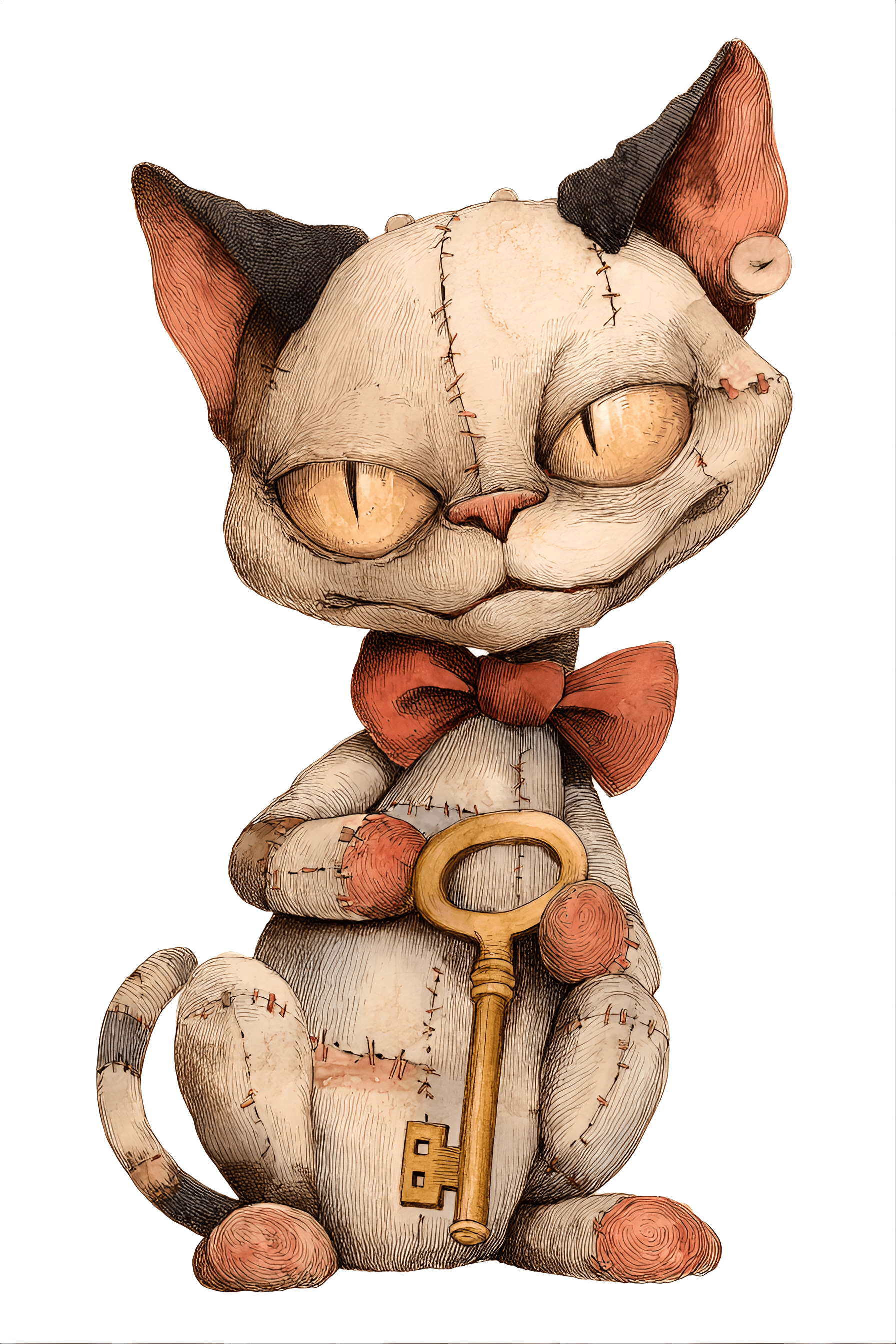 AI generated: funny caricature, whimsical cat doll caricature, fictional stitched cat, ageless, patchy fur, button...