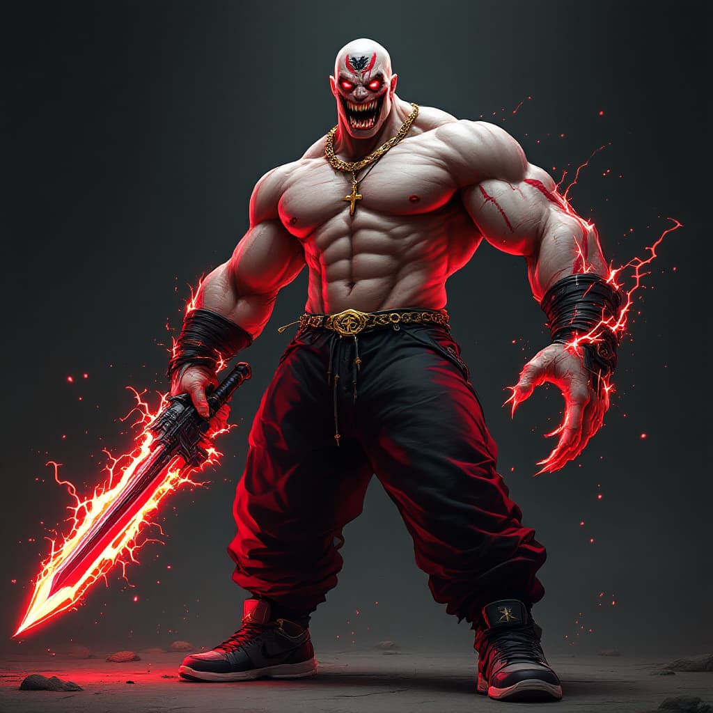 AI generated: A towering man, standing at 2 meters tall with pale, reddish skin that glows with an intense, energy...