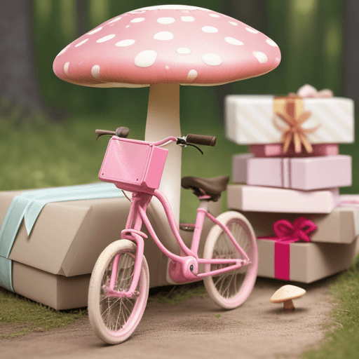AI generated: Several gift boxes, with a small pink bicycle inside, some mushrooms. Children's style