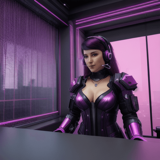 AI generated: Pink, Purple and Black. a beautiful girl telemarketing assistant with a customer service microphone,...