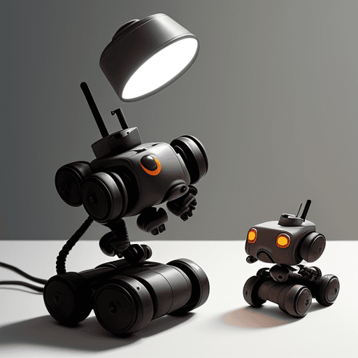 AI generated: minimalistic "RUZZ" brand mini quadrupedal robot,desk background, "RUZZ" brand prominently displayed