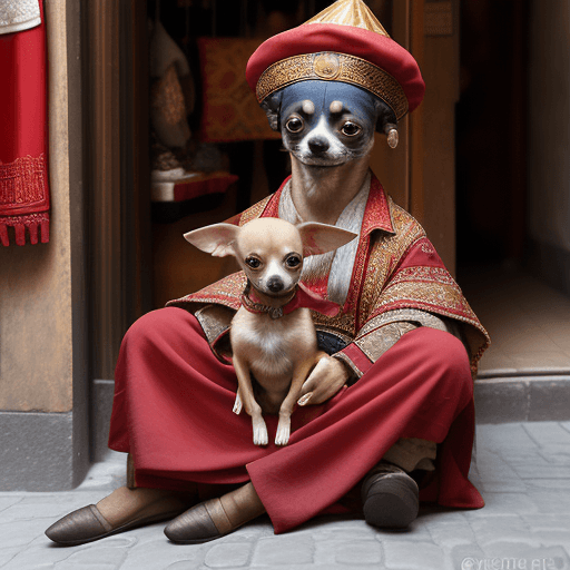 AI generated: A chihuahua in old Turkish clothes and a fez on his head sits on a lively street in Istanbul, HDR, h...
