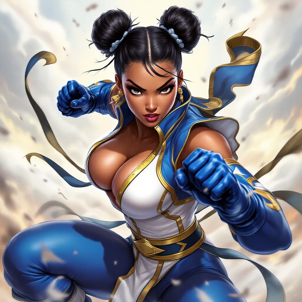 AI generated: African american skin, Dark skin, Chun-Li, Street Fighter, blue and white outfit with gold trim, act...