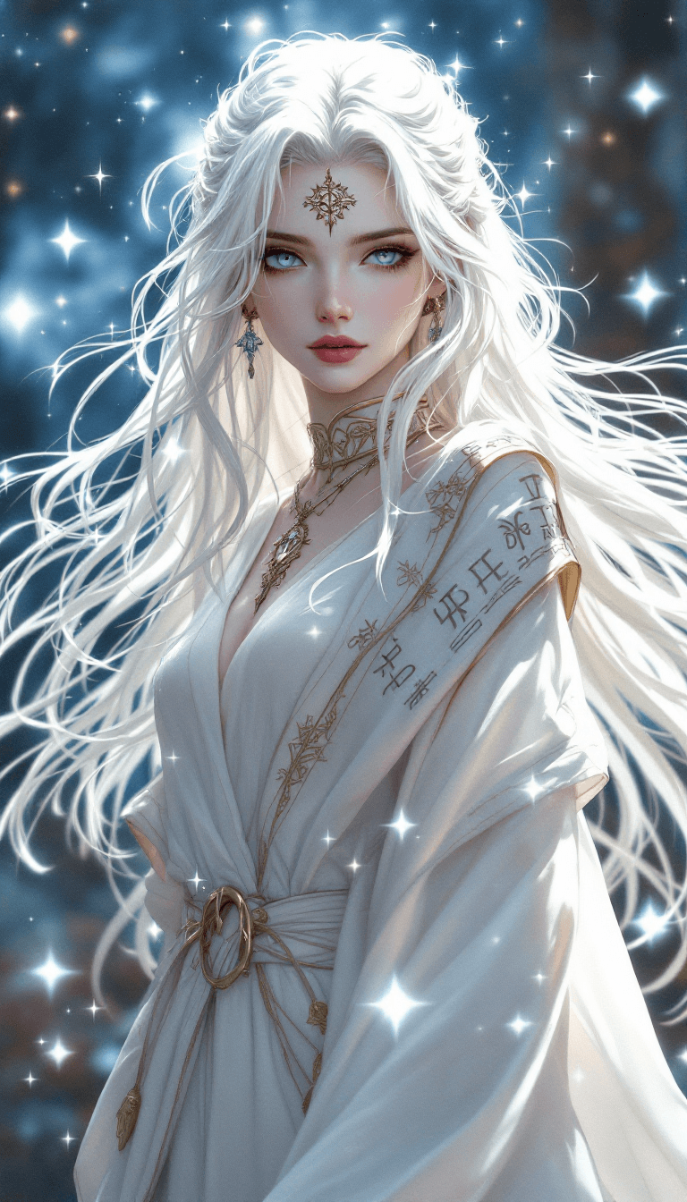 AI generated: The Celestial Rune Weaver: A serene and powerful character with long, platinum blonde hair that seem...