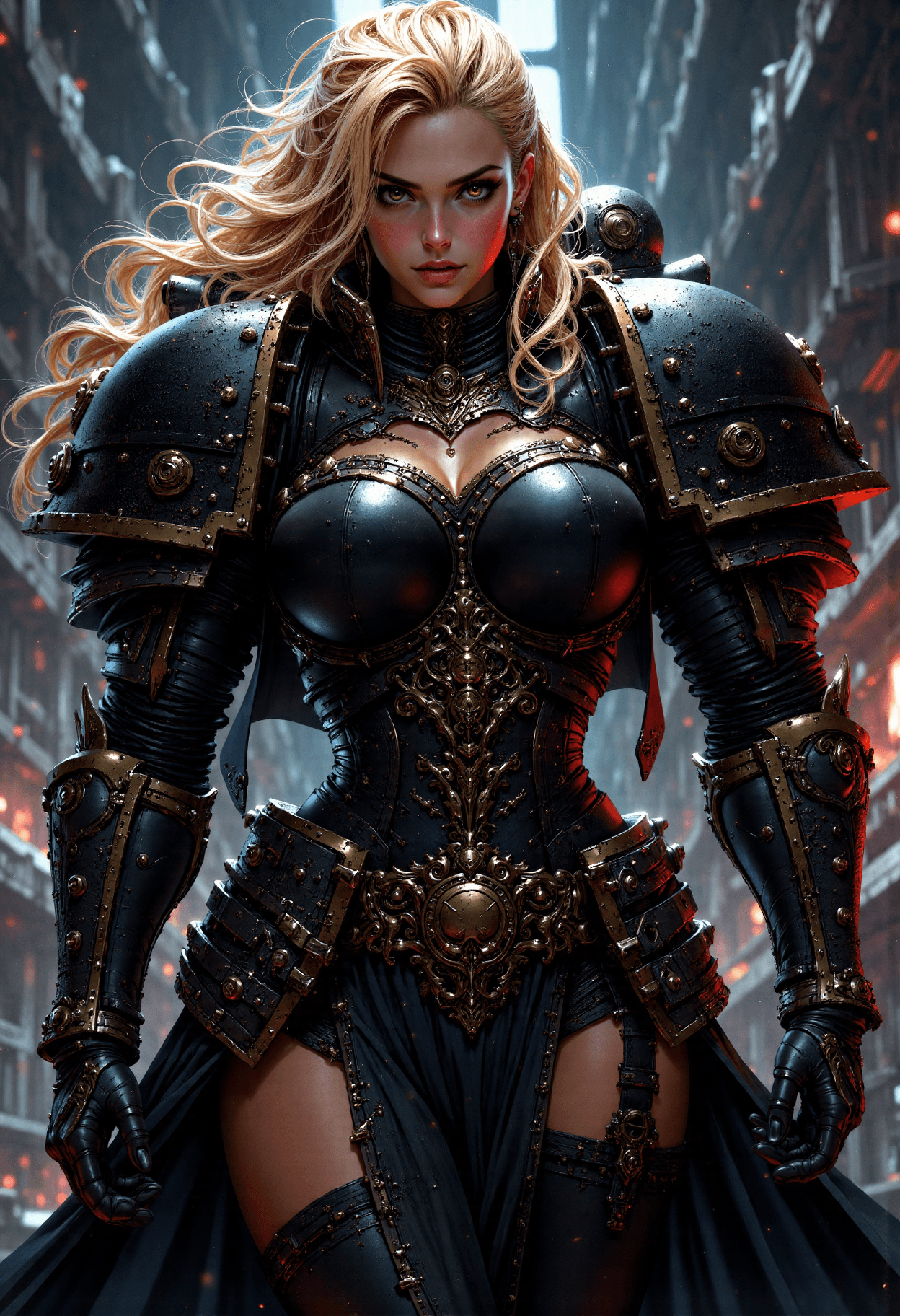 AI generated: dynamic angle, full body view, realistic, female space marine, blonde hair, armored, pelvic curtain,...