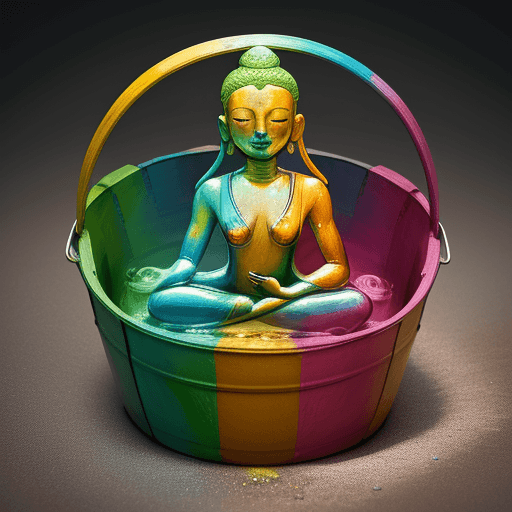 AI generated: High resolution image of five coloured, layer bucket in the shape of human meditating. The image sha...