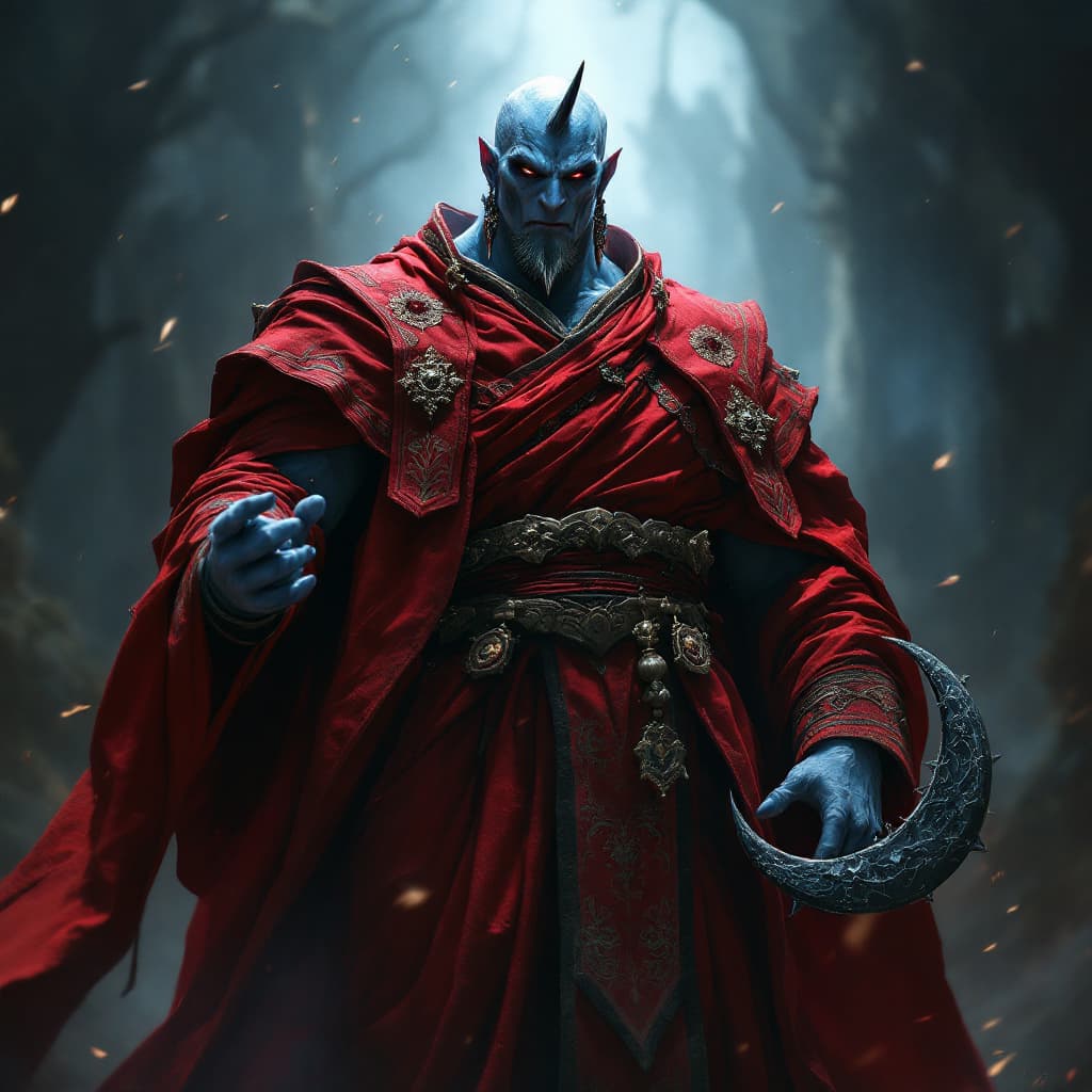 AI generated: A tall villain dressed in a ceremonial red robe, resembling a monk's attire, with intricate details ...