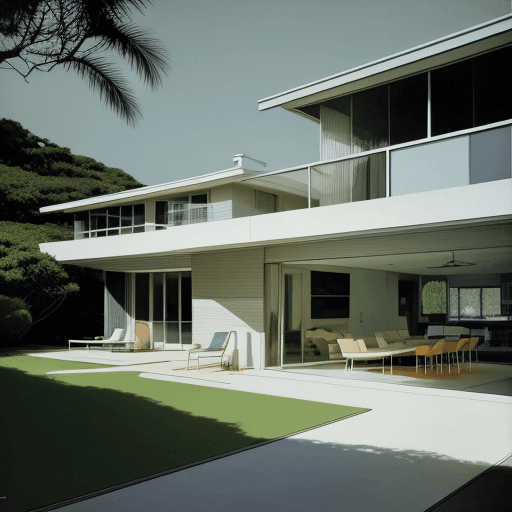 AI generated: Hyper realistic eye level exterior photo of a mid century modern style house overlooking the ocean, ...