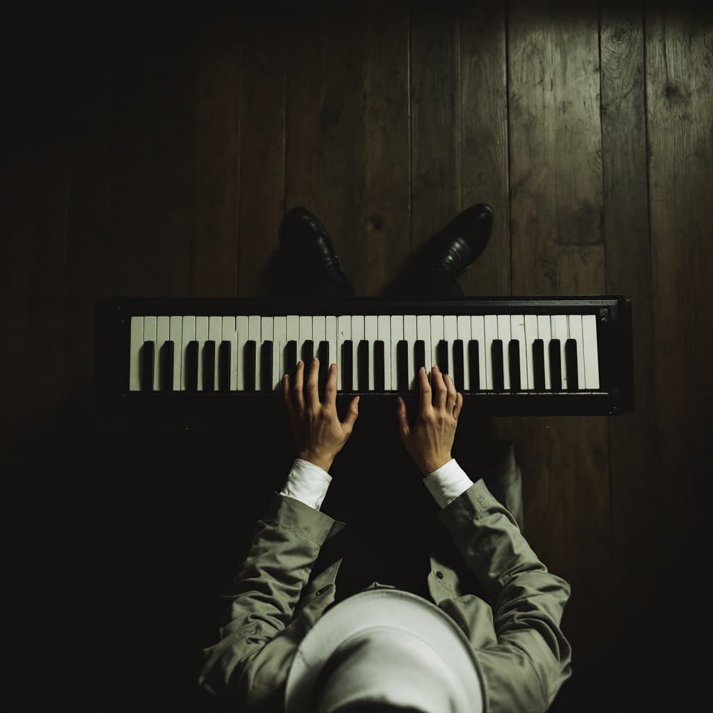 AI generated: Capture a vintage photograph from a bird's-eye view of a person playing piano. The focus should be o...