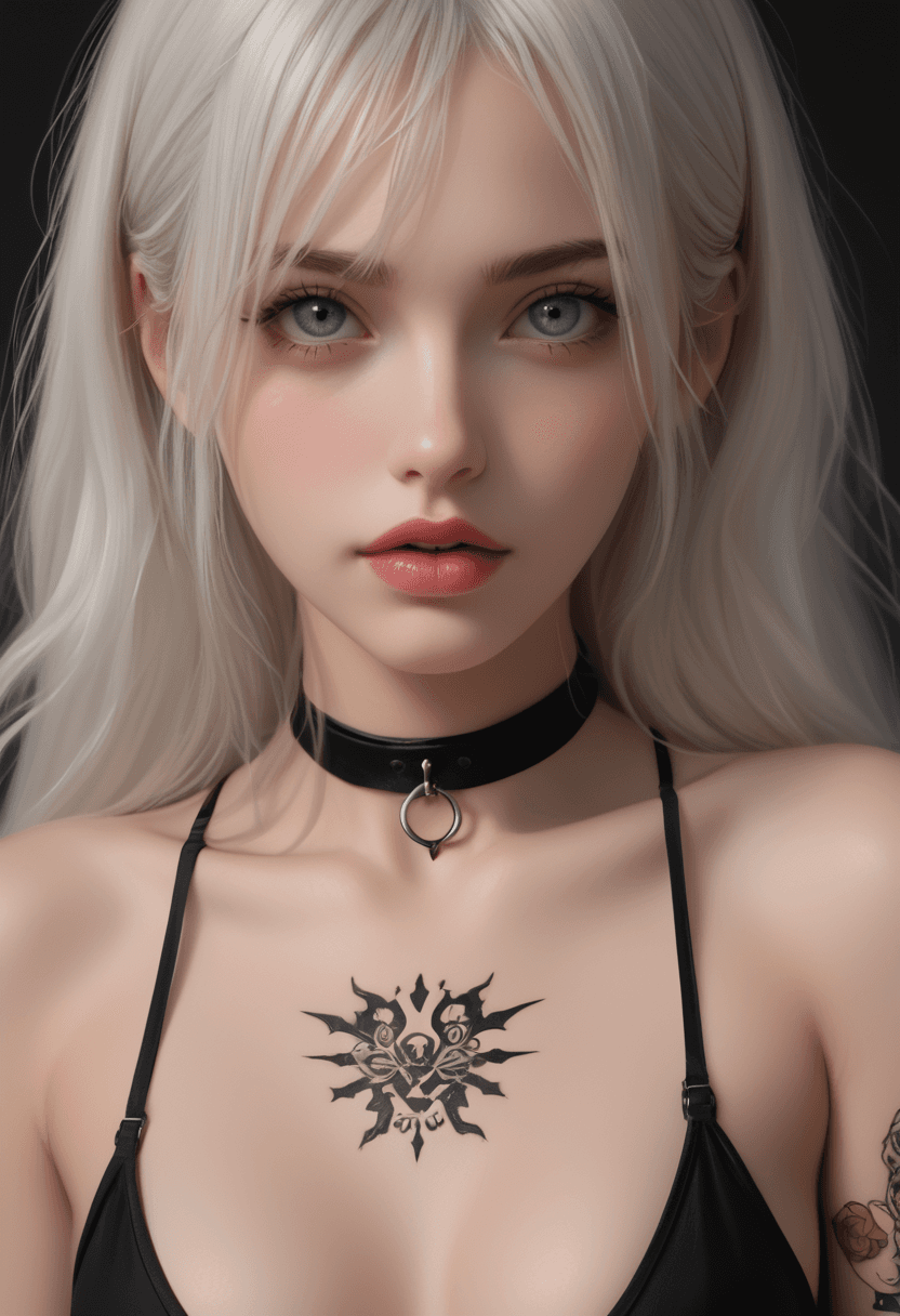 AI generated: Portrait of a gorgeous woman, 20 years old, with open lush breasts, a thin leather bra, waist-length...