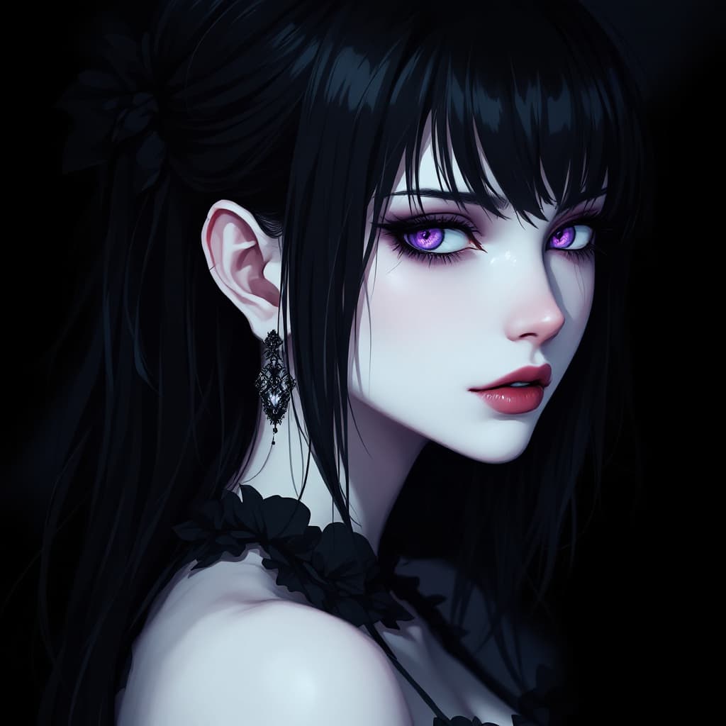 AI generated: gothic anime style,a Girl is cold and arrogant,pale skin, white makeup,purple eyes, black hair, Dark...