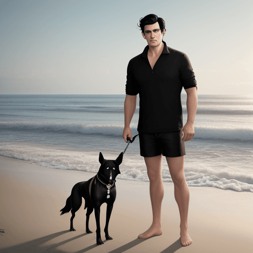 AI generated: Photo of a ultra realistic man with black hair and dog black on the beach