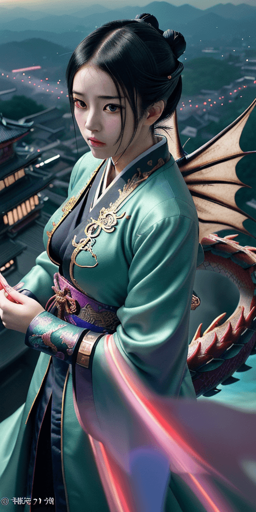 AI generated: Kyoto Animation stylized anime mixed with tradition Chinese artworks~ A dragon flying at modern cybe...