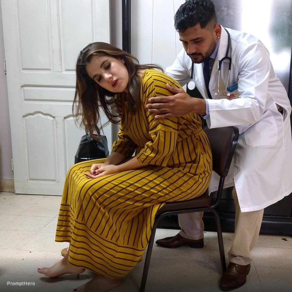 AI generated: Elle se détend et se penche en avant. Le médecin tente de la retenir pour qu'elle ne s'évanouisse pa...