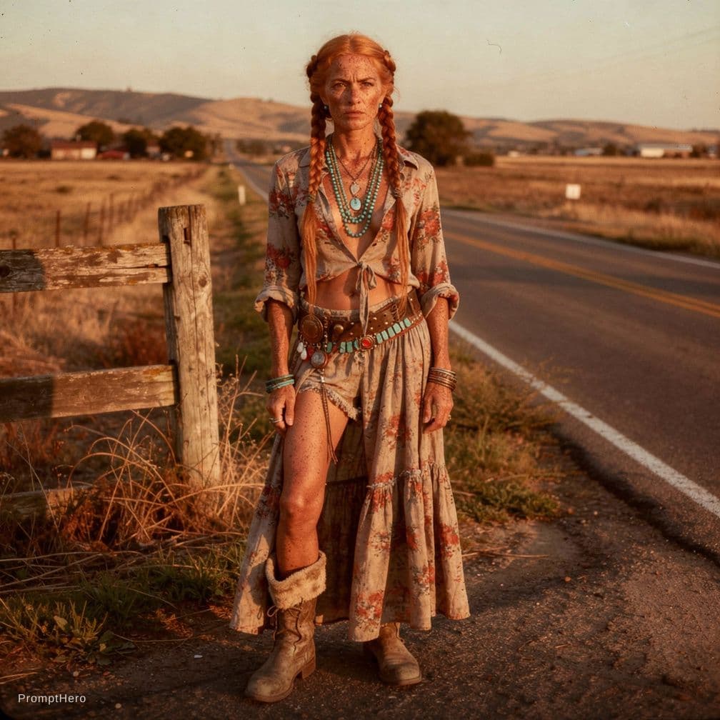 AI generated: A raw roadside documentary photograph captures a tall strawberry-blonde woman with sun-freckled skin...