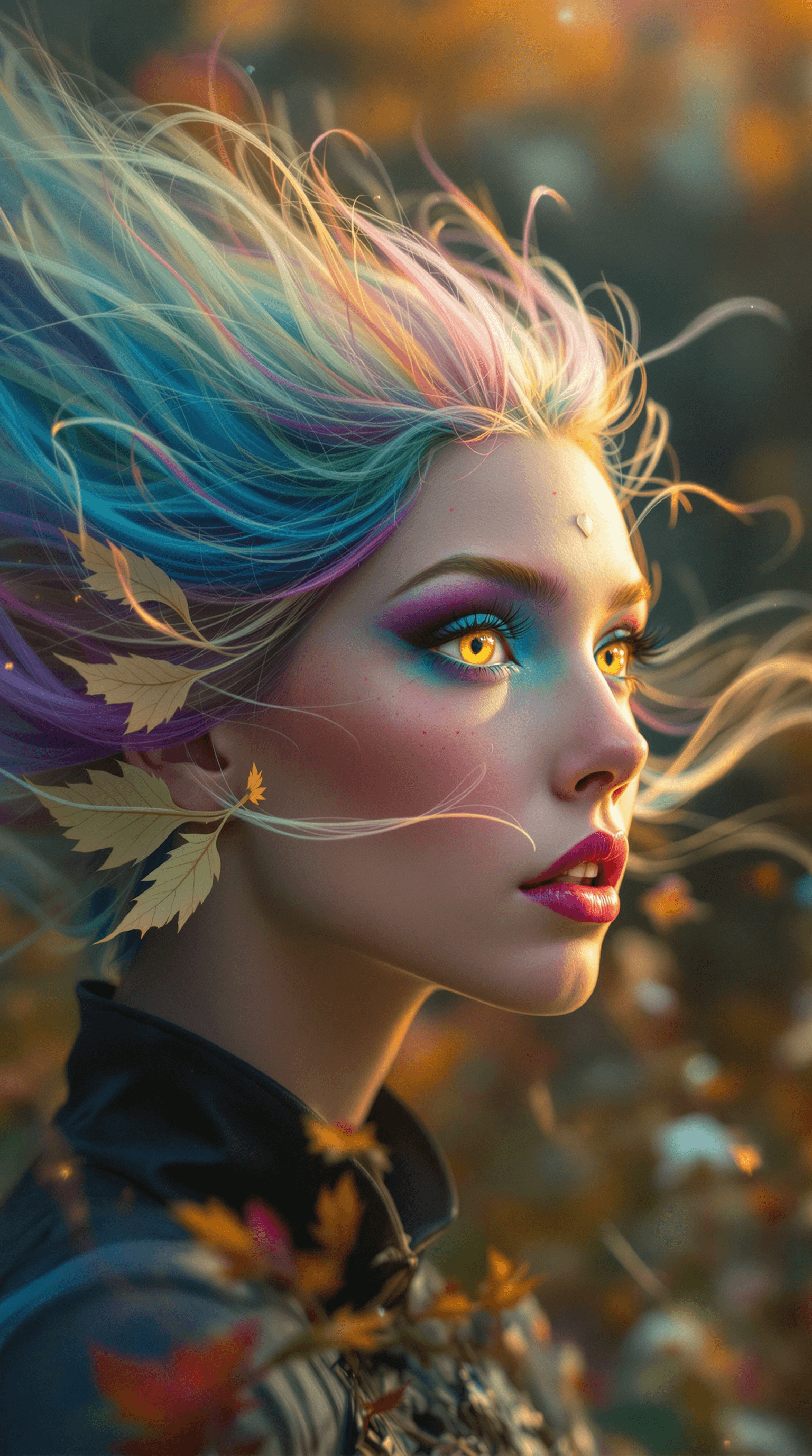 AI generated: beautiful angle view of Species woman individual from another planet with multicolored hair, beautif...